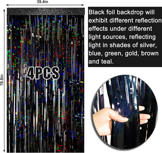 4 Packs Black Foil Fringe Curtain, Glitter Metallic Tinsel Backdrop - Image 6