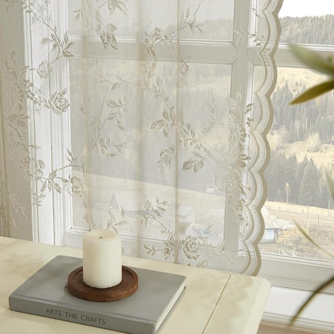 Khaki Lace Curtains 54 Inch Length 2 Panels Set Country Taupe Floral Curtains - Image 7
