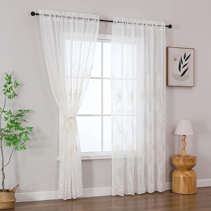 White Sheer Curtains Beige Embroidered Leaf 2 Panels 63 Inches | Light - Image 5