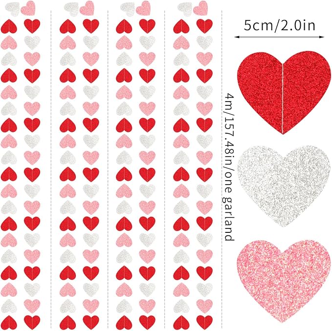 Glitter-Red Silver-Pink Valentines Party-Decorations Heart-Garland - 52ft - Image 2