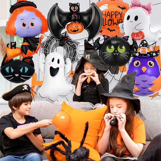 9Pcs Halloween Balloons Decoration Set, Foil Ghost, Spider Web, Pumpkin & Bat - Image 2