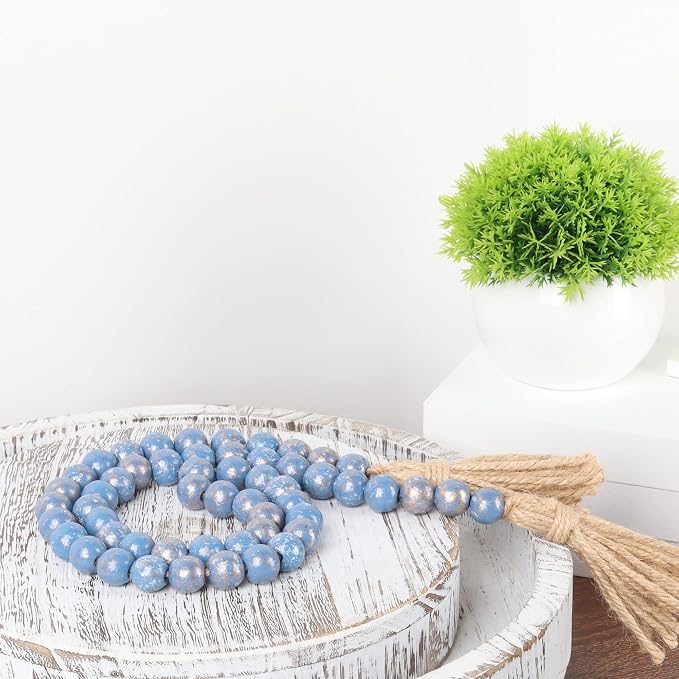 RAMIRABI Wooden Bead Garland, 39in Decorative Beads, Ocean Mist Gold | Natural - Image 2