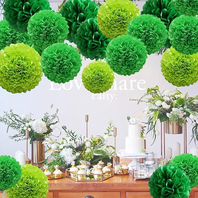 12Pcs Green Hanging Tissue Paper Pom Poms, Pompoms Flowers - Image 2