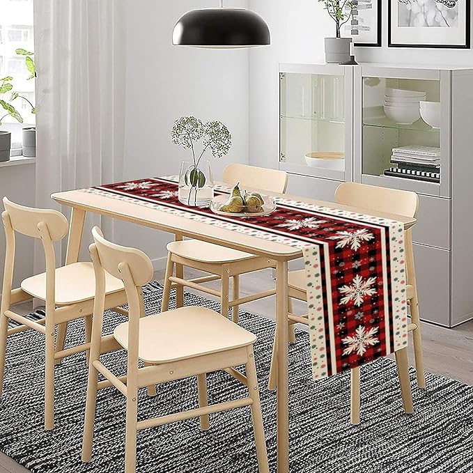 Snowflakes Christmas Table Runner,Red Buffalo Plaid Seasonal Winter Kitchen Dining Table Decoration for Home Party Decor 13x120 Inch