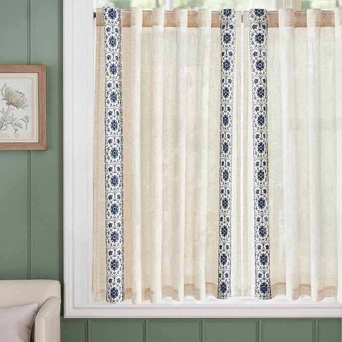 jinchan Blue Floral Embroidered Short Linen Curtains 54×54 Inches 2 Panels | - Image 5