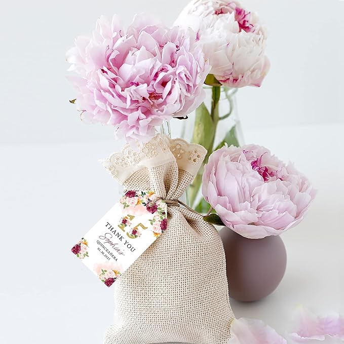 Andaz Press 40-Pack Personalized Quinceañera Favor Tags with String, Burgundy & Blush Florals Custom Classic Thank You Gift Tags for Mis Quince Años XV 15th Birthday Favor Gifts, Decorations