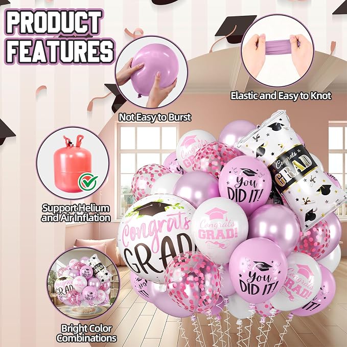 Pink Graduation Balloons, Grad Round Foil Balloons, Metallic Confetti Pink - Image 3