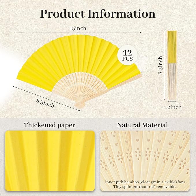 JOHOUSE 12 PCS Lemon Yellow Paper Fans Handheld, 8.3 Inch Folding Hand Fan | - Image 7