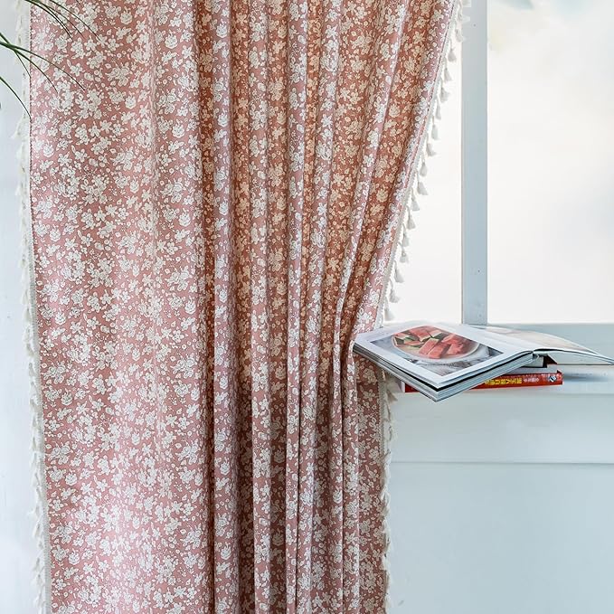 ENJOYBRIDAL White Floral Curtains 63 Inches Long 2 Panels Set Living Room Pink by ENJOYBRIDAL