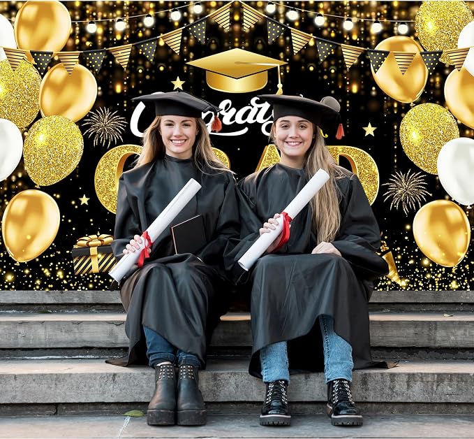 Black Gold Graduation Banner Backdrop 2026 5.9x3.6ft Congrats Grad Banner - Image 3