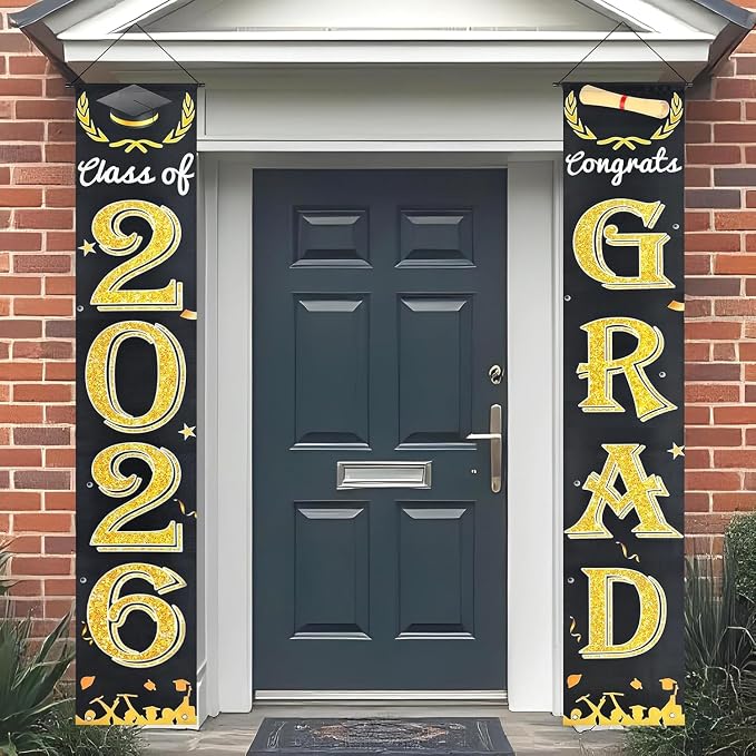 Black Gold Graduation Decorations Class of 2026 Congrats Grad Banner Grad Porch by Dkomekii
