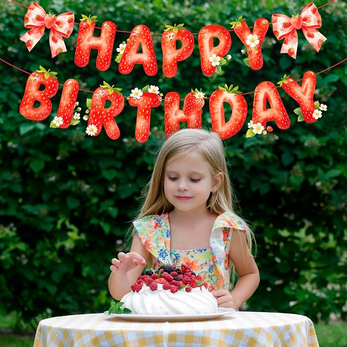MEETINGU Strawberry Happy Birthday Banner, Watercolor Style, - Image 3