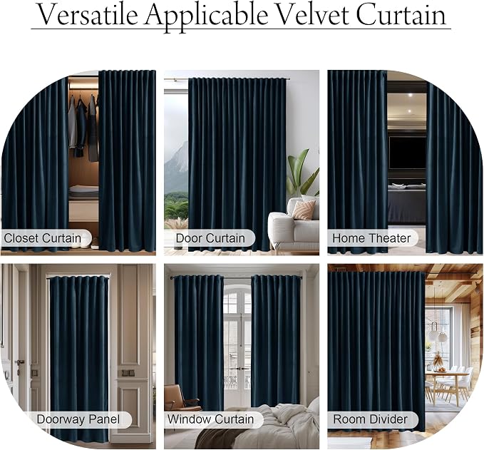 Extra Wide Room Divider Curtains Navy Blue Velvet Blackout Thermal Energy - Image 5