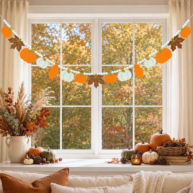 Fall Decorations, Fall Felt Maple Leaves & Pumpkin Garland - Image 3