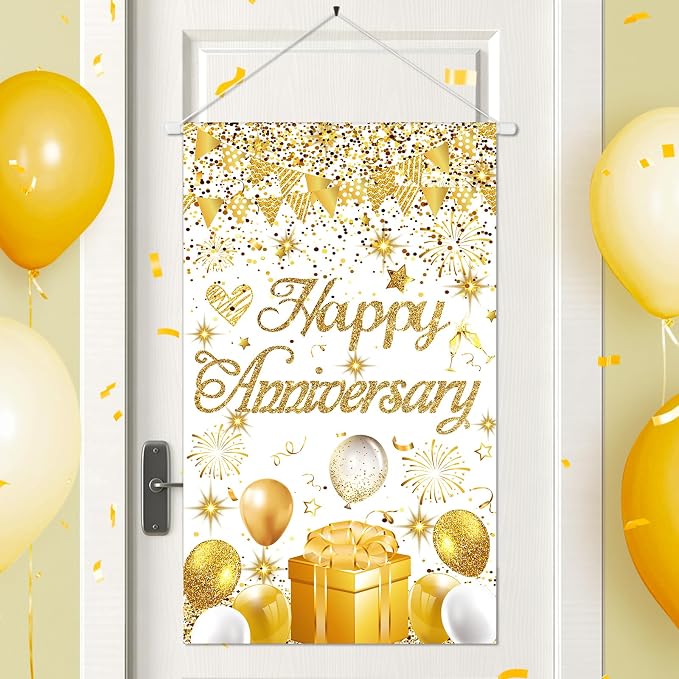Anniversary Party Decorations White Gold Happy Anniversary Door Banner Sign by Wayyogh