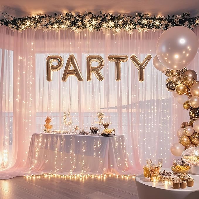10×8ft Tulle Backdrop Curtains with Lights String - 300LED Fairy Lights Sheer Curtain Backdrop for Weddings Baby Shower and Birthday Party Decorations(8 Panels 5×8ft)