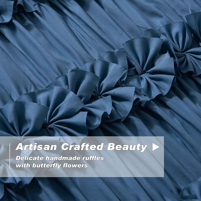 Luxurious Dusty Blue Blackout Curtains 2 Panels | 3 Rows of Handmade Butterfly - Image 2