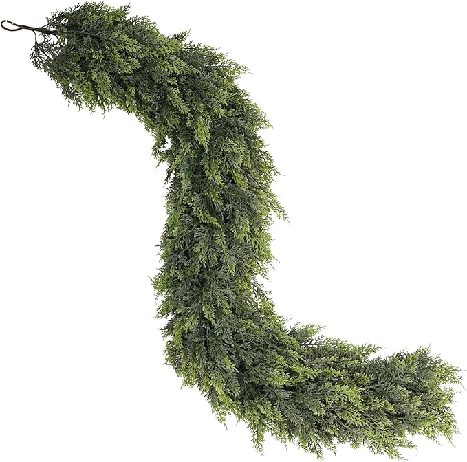 9FT Real Touch Cedar Garland - Artificial Christmas Garland Fake Green Faux Thick and Lush Pine Needles Garlands for Table Fireplace Mantle Holiday Home Indoor Outdoor Decor (2PCS)