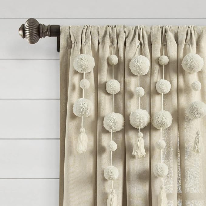 Lush Decor Boho Pom Pom Tassel Linen Textured Window Curtain Panel, Single 52" - Image 2