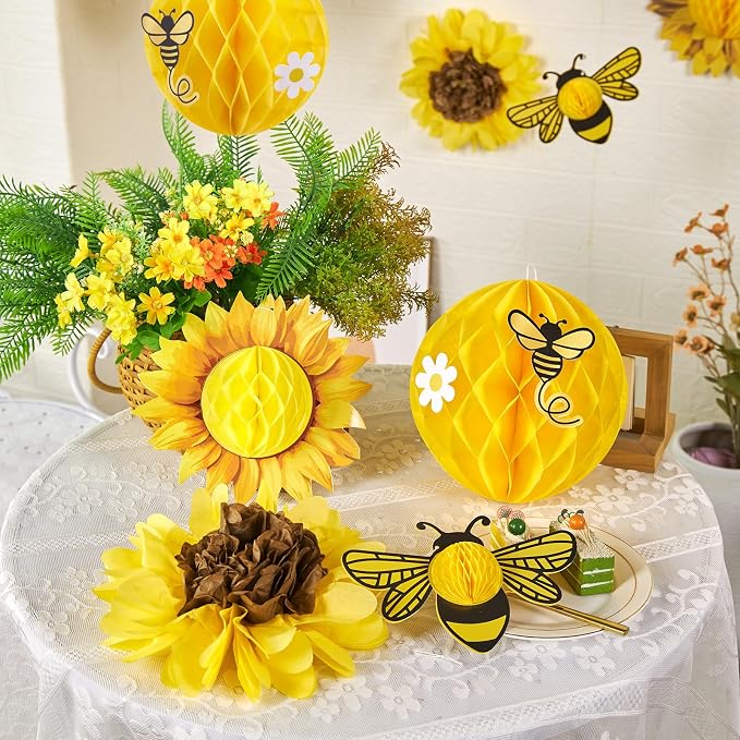 SUNBEAUTY Sunflower Party Decorations 3D Bee Honeycomb Hanging Decor Yellow - Image 4