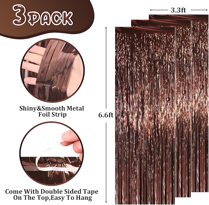 Voircoloria Brown Foil Fringe Backdrop Curtains, Birthday Party Decorations - Image 3