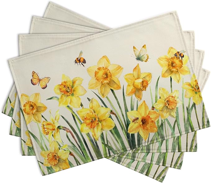 Spring Daffodils Placemats Set of 4 Watercolor Yellow Flower Table Mats Summer - Image 2