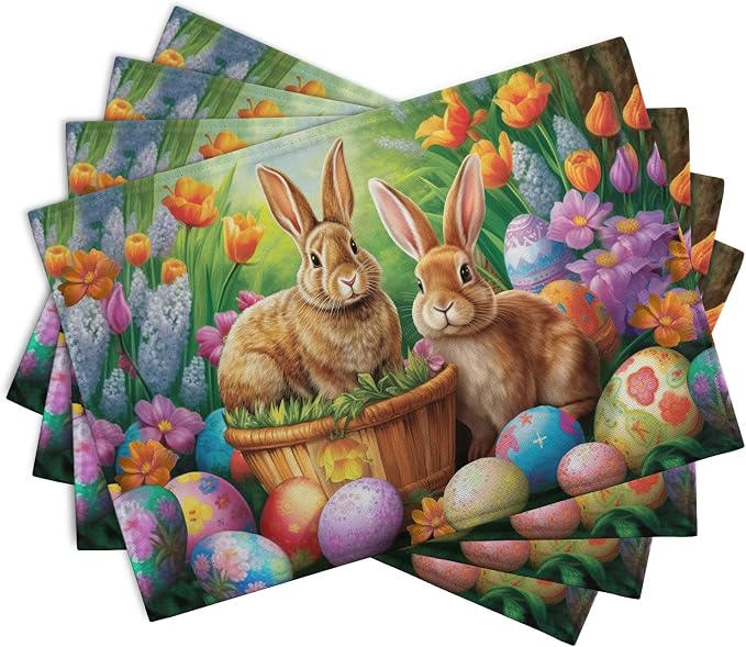 Easter Rabbits Eggs Placemats Set of 4 Easter Bunny Tulip Flowers Table Place - Image 2