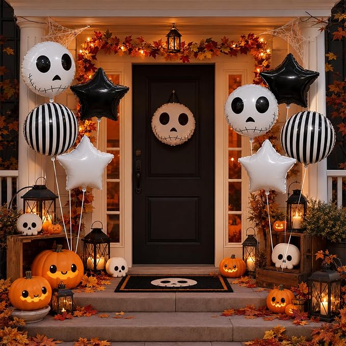 HILAVO 16PCS Black White Striped Skeletons Skull Balloons | Halloween Foil - Image 5