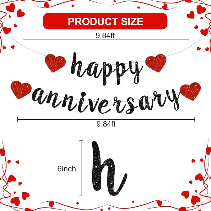 BEISHIDA Glitter Pre-Strung Black Red Happy Anniversary Banner Decoration | NO - Image 3
