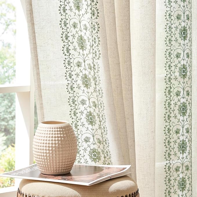 jinchan Floral Linen Curtains Embroidered Back Tab 50x108in 2 Panels Sage | by JINCHAN