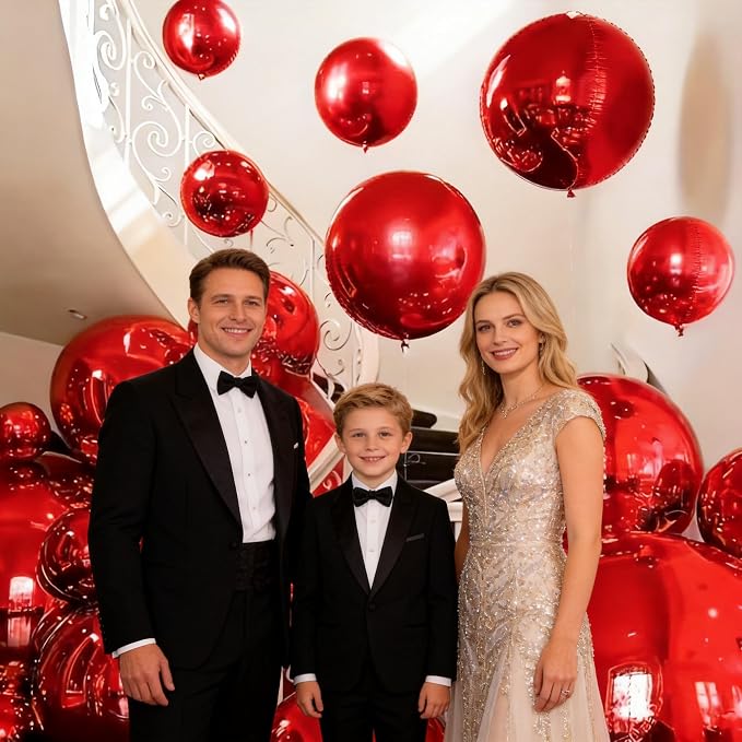 Red Round Foil Balloons, 22 Inch Red 4D Ball Balloons, Metallic Sphere Foil - Image 4