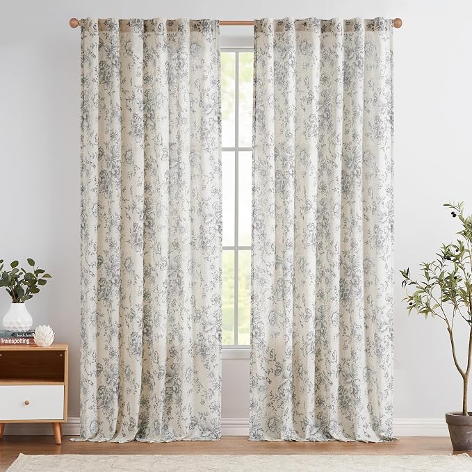 jinchan Grey Floral Linen Curtains 96 Inch Farmhouse Back Tab 2 Panels | Light - Image 2