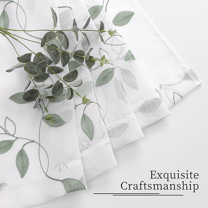 Tollpiz Sage Green Leaf Sheer Tier Curtains Leaves Embroidered Kitchen Short - Image 7