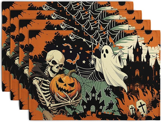 Halloween Skeleton Ghost Placemats Set of 4 12x18 Inch Spooky Pumpkin Bat Table by Wnoesat
