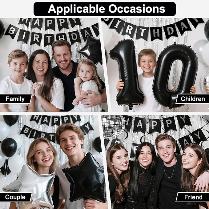 21st Birthday Decorations for Men Women, Black Silver Happy Birthday Party Decorations， 21 Year Old Party Supplies with Number 21 Balloons, Banner, Fringe Curtains Kit