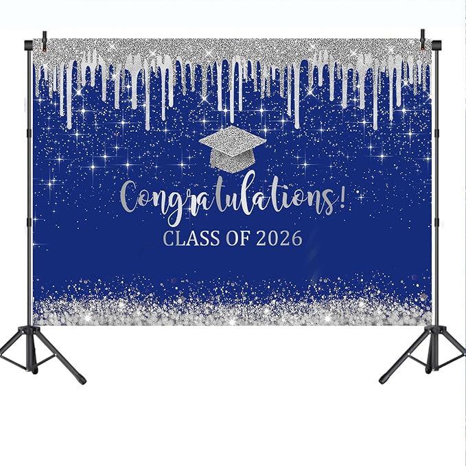 Mocsicka Blue and Sliver Graduation Backdrop Congratulations Class of 2026 - Image 7