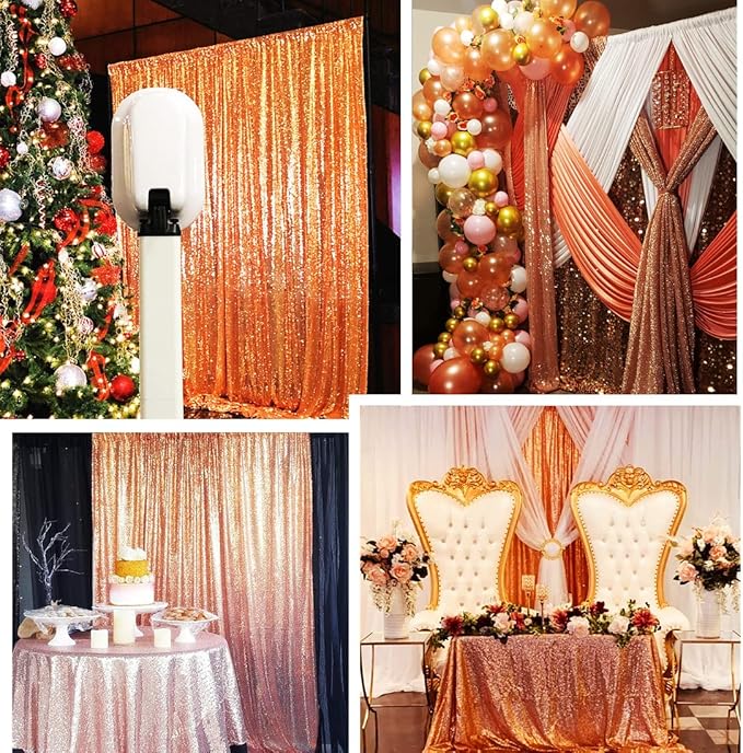 Poise3EHome Rose Gold Sequin Backdrop,2 Panels 2FTx8FT Glitter Background for Party Birthday Party Baby Shower Wedding Christmas Thanksgiving Holiday Festival Decor