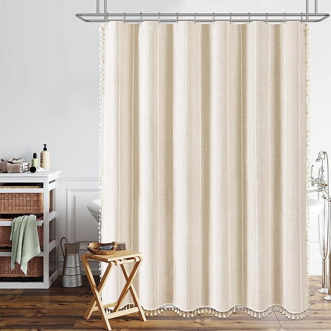 72 x 90 Boho Linen Heavy Duty Cloth Shower Curtain Set, Cream/Beige | Extra Long - Image 7