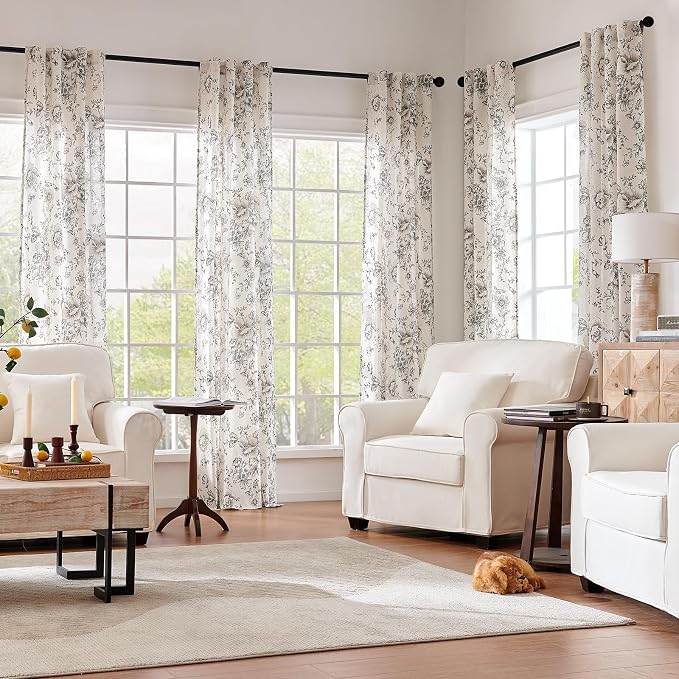 jinchan Black Floral Linen Curtains 84 Inch Farmhouse Back Tab 2 Panels | Light - Image 2