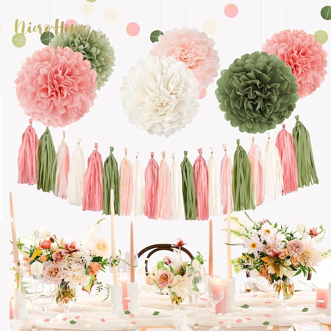 NICROHOME EUR 27 PCS Pink Green Tissue Paper Decorations - Image 5