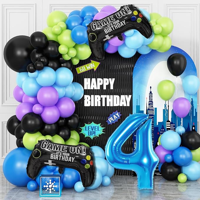 4th Birthday Video Game Balloons Arch, 4th Game Party Balloons Garland Kit 4th by Cledeco