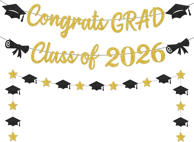 Black and Gold Graduation Banner 2026, Glitter Black and Gold Congrats Grad by Unknown
