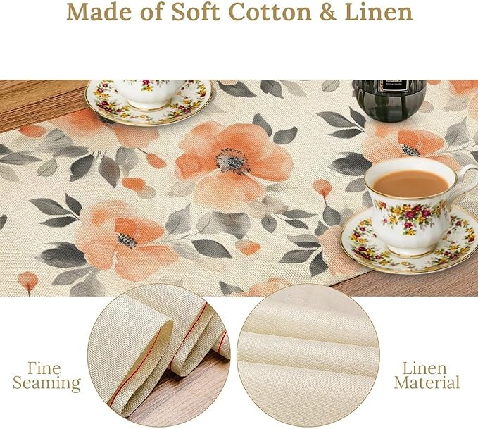 Floral Fall Table Runner, Rustic Watercolor Orange Flowers Seasonal Summer Autumn Table Runner for Kitchen Dinning Table Runner Decor Home Wedding Party Holiday, 13x90 Inch