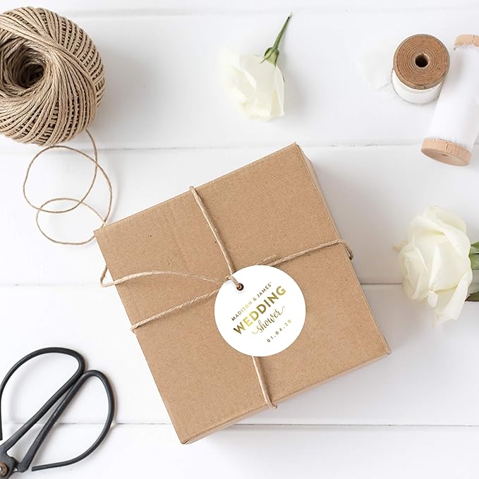 Andaz Press Personalized Round Circle Wedding Gift Tags, Metallic Gold Ink, Wedding Shower, 24-Pack, Custom Made Any Name