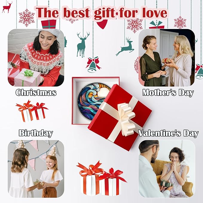 Stained Glass Window Hanging, Big Wave Sun Suncatcher Diamond Glass Panel Hangings Abstract Sun Catchers Decor for Birthday for Women, Men, Wife, Aunt, and Mom 14.9x14.9 in