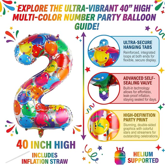 40 Inch Number 2 Balloon, Large Foil Mylar Number Balloon - Image 2