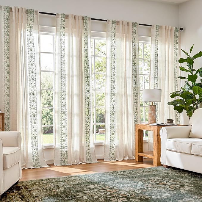 jinchan Floral Linen Curtains Embroidered Back Tab 50x108in 2 Panels Sage | - Image 2
