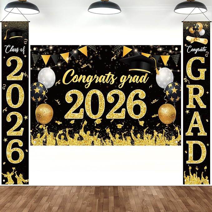 Sophena Graduation Decorations Class of 2026 Grad Banner Backdrop Black and Gold by Sophena