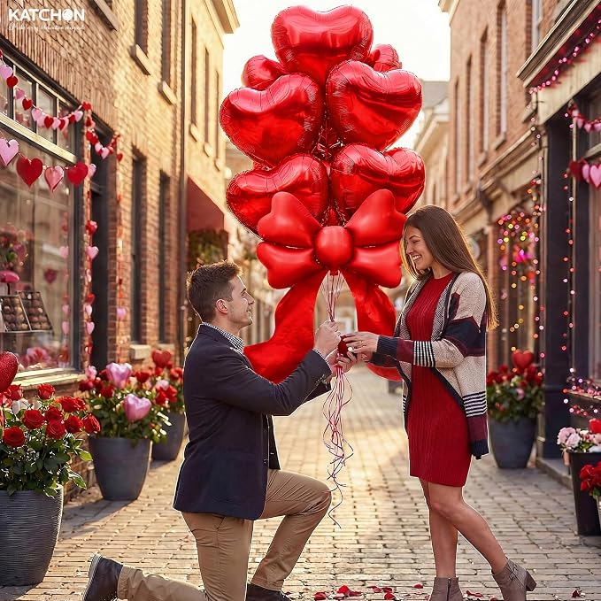 KatchOn Red Heart & Bow Foil Balloons Set, Heart Shaped Balloons Red Bow - Image 3