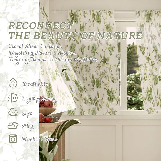 Sage Green Curtains Sheer 36 Inch Length 2 Panels Set, Short Semi Sheer Light - Image 2